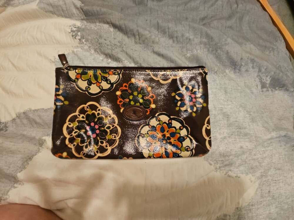 Fossil Key-Per Brown Multicolor Floral Coated Canvas Cosmetic Pouch Wristlet